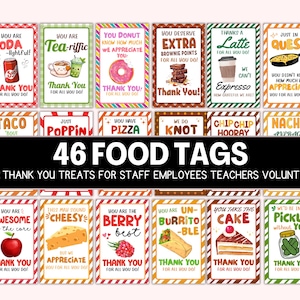 K&ouml;nnte beinhalten: 46 bunte Geschenkanh&auml;nger zum Thema Essen mit verschiedenen Designs und Spr&uuml;chen. Die Anh&auml;nger eignen sich perfekt, um Personal, Mitarbeiter, Lehrer oder Freiwillige zu danken. Einige Anh&auml;nger zeigen Bilder von Donuts, Tacos, Pizza und mehr.