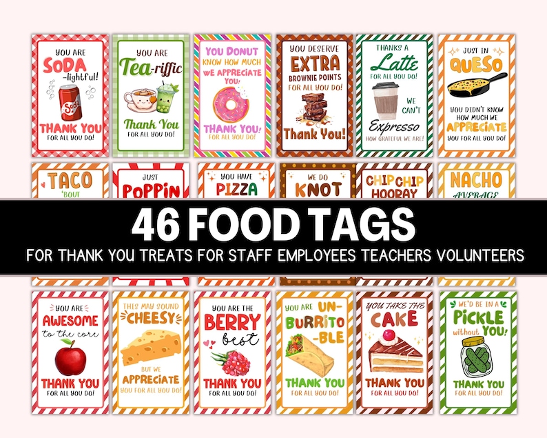 K&ouml;nnte beinhalten: 46 bunte Geschenkanh&auml;nger zum Thema Essen mit verschiedenen Designs und Spr&uuml;chen. Die Anh&auml;nger eignen sich perfekt, um Personal, Mitarbeiter, Lehrer oder Freiwillige zu danken. Einige Anh&auml;nger zeigen Bilder von Donuts, Tacos, Pizza und mehr.