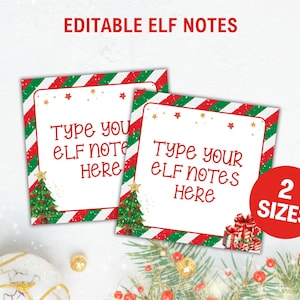 Puede incluir: Dos tarjetas cuadradas con temática navideña con rayas diagonales rojas, verdes y blancas. Las tarjetas tienen el texto "Type your elf notes here". También hay un círculo rojo con el texto "2 tamaños". Las tarjetas están decoradas con árboles de Navidad y estrellas.