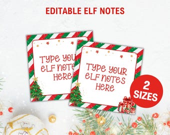 Puede incluir: Dos tarjetas cuadradas con temática navideña con rayas diagonales rojas, verdes y blancas. Las tarjetas tienen el texto "Type your elf notes here". También hay un círculo rojo con el texto "2 tamaños". Las tarjetas están decoradas con árboles de Navidad y estrellas.