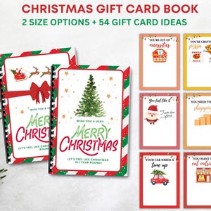 Puede incluir: Un libro de tarjetas de regalo de Navidad con el texto "Christmas Gift Card Book" y "2 Size Options + 54 Gift Card Ideas". El libro tiene una portada roja y verde con un &aacute;rbol de Navidad y las palabras "Merry Christmas". Incluye ideas de tarjetas de regalo.