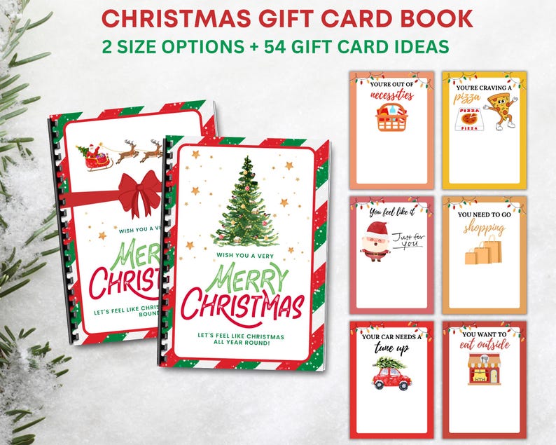 Puede incluir: Un libro de tarjetas de regalo de Navidad con el texto "Christmas Gift Card Book" y "2 Size Options + 54 Gift Card Ideas". El libro tiene una portada roja y verde con un &aacute;rbol de Navidad y las palabras "Merry Christmas". Incluye ideas de tarjetas de regalo.