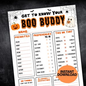 Halloween Questionnaire, Get To Know Your Boo Buddy Survey, Boo Basket Gift Exchange Game, All About Me Halloween Gift Basket Idea
