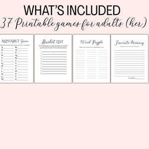 May include: Four white printable game sheets with black text. The games include an alphabet game, a bucket list, a word puzzle, and a favorite memory prompt. The text "WHAT'S INCLUDED" and "37 Printable games for adults (her)" are at the top.