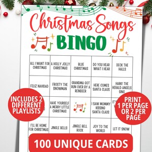 Bingo de canciones navideñas, 100 cartones de bingo de música navideña, juego de villancicos, juego de canciones navideñas, divertido juego de fiesta navideña para adultos, niños y adolescentes.