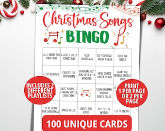 Christmas Song Bingo, 100 Christmas Music Bingo Cards, Christmas Carol Game, Christmas Song Game, Fun Christmas Party Game Adults Kids Teen,