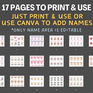 May include: A digital download featuring 17 printable pages with colorful designs. Text includes "17 PAGES TO PRINT & USE" and instructions to print and use or edit in Canva. The editable area is for names.
