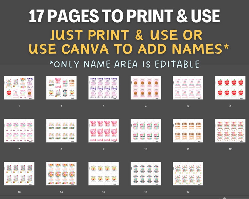 May include: A digital download featuring 17 printable pages with colorful designs. Text includes "17 PAGES TO PRINT & USE" and instructions to print and use or edit in Canva. The editable area is for names.