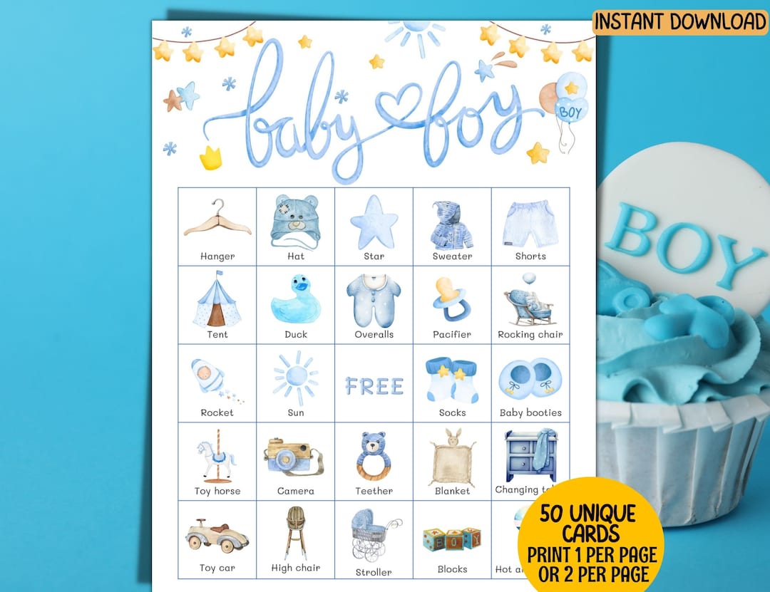 50 Baby Boy Bingo Cards, Baby Shower Games, Printable Fun Blue Baby Boy