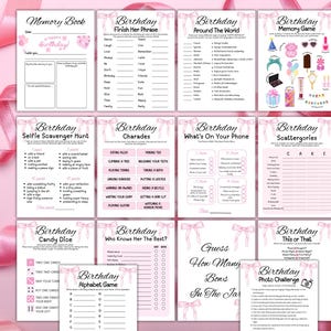 May include: A collection of pink and white birthday party game printables, including a memory book, charades, and photo challenge. The games feature decorative bows and text like "Happy Birthday" and "Guess How Many Bows In The Jar".