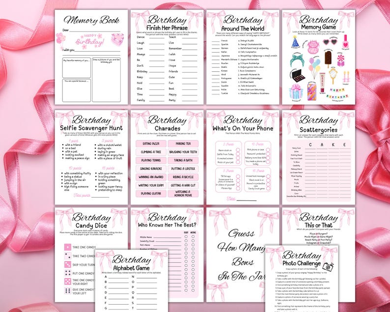 May include: A collection of pink and white birthday party game printables, including a memory book, charades, and photo challenge. The games feature decorative bows and text like "Happy Birthday" and "Guess How Many Bows In The Jar".