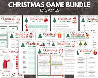 May include: A Christmas game bundle with 13 games, including "Who Am I?", "Roll a Story", and "Drawing Game". The bundle features festive designs with Christmas trees, Santa, and other holiday elements. The games are designed for family fun.