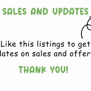 Op de afbeelding: Groene tekst op een witte achtergrond luidt "SALES AND UPDATES". Een pijl wijst met een gebogen lijn omhoog. Onder de tekst staat: "Like this listings to get updates on sales and offers:". Daaronder staat: "THANK YOU!"