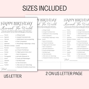May include: Printable birthday game with the text "HAPPY BIRTHDAY Around The World." The game includes a list of languages and phrases for matching. Two versions are shown: US Letter and 2 on US Letter page.