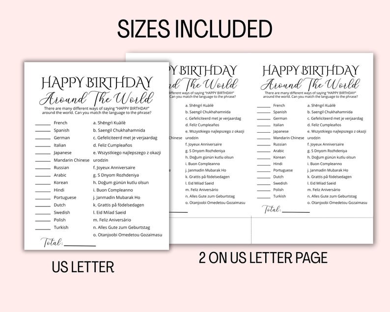May include: Printable birthday game with the text "HAPPY BIRTHDAY Around The World." The game includes a list of languages and phrases for matching. Two versions are shown: US Letter and 2 on US Letter page.