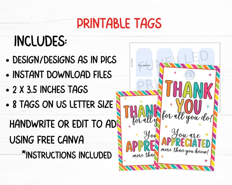 Thank You Gift Tag Template, Employee Staff Appreciation Tag, Volunteer ...