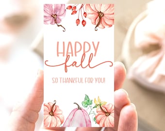 Etiqueta de otoño feliz, etiqueta imprimible de agradecimiento por ti, etiqueta de regalo de otoño de otoño, etiqueta de Acción de Gracias, etiqueta de agradecimiento de calabaza rosa, etiqueta de regalo instantánea