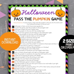 May include: Halloween party game printable with a green, black, and orange border. The game is titled "Pass the Pumpkin Game" with pumpkin graphics. Includes instructions and game prompts for a fun Halloween activity. Instant download.