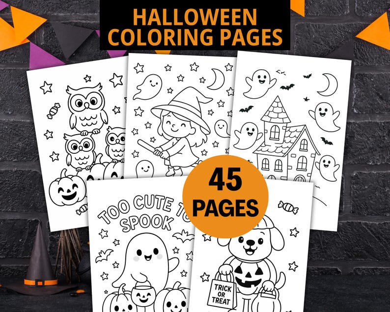 May include: A collection of Halloween coloring pages featuring various spooky illustrations. The pages include images of owls, a witch, ghosts, a haunted house, and a dog in a pumpkin costume. The text on the pages reads "Halloween Coloring Pages", "Too Cute to Spook", and "Trick or Treat". The image also states "45 Pages".