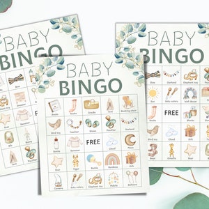 Neutrales Babyparty-Bingo, Babyparty-Spiele, druckbares Baby-Bingo-Grün Eukalyptus, 30 vorgefüllte Baby-Bingokarten. Boho modern minimalistisch