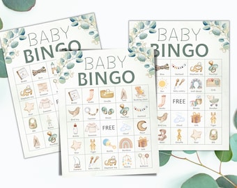 Neutral Baby Shower Bingo, Baby shower games, Printable Baby bingo greenery Eucalyptus, 30 Prefilled baby bingo cards Boho modern minimalist