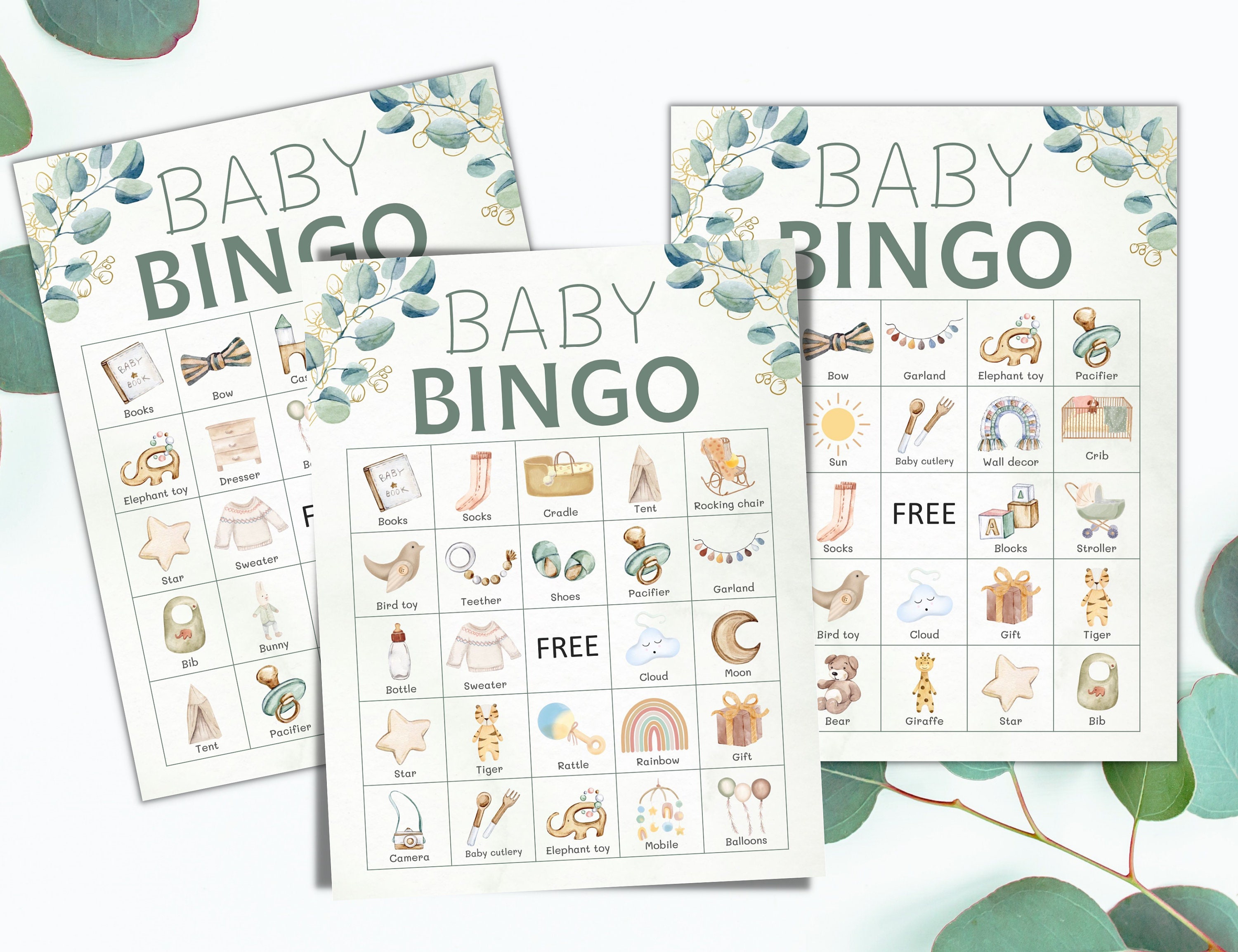 Neutral Baby Shower Bingo, Baby shower games, Printable Baby bingo greenery Eucalyptus, 30 Prefilled baby bingo cards Boho modern minimalist