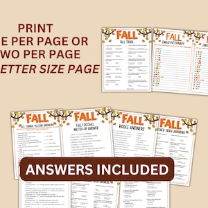 May include: Printable fall-themed trivia games, including trivia, emoji pictionary, and riddle answer sheets. The image text reads: "Print one per page or two per page US letter size page. Answers included."