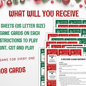 Pu&ograve; includere: Un gioco di Natale stampabile chiamato "5 Second Game" con 108 carte. Il gioco include istruzioni e 9 carte per foglio. Le carte sono rosse e verdi con testo bianco. Il gioco &egrave; per 2 o pi&ugrave; giocatori.
