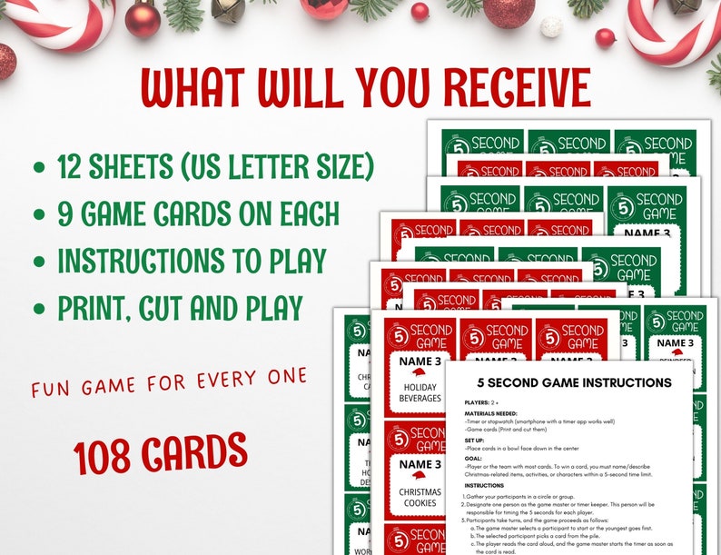 Pu&ograve; includere: Un gioco di Natale stampabile chiamato "5 Second Game" con 108 carte. Il gioco include istruzioni e 9 carte per foglio. Le carte sono rosse e verdi con testo bianco. Il gioco &egrave; per 2 o pi&ugrave; giocatori.