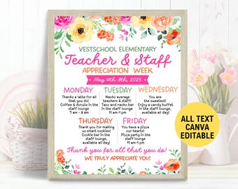 Editable Floral Teacher Appreciation Week Flyer Template, Itinerary Poster, Teachers Staff Appreciation Week Template, Bloom Appreciation