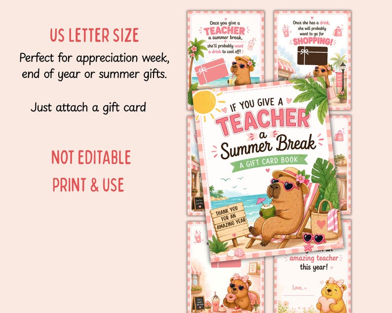 Teacher Summer Break Gift Card Book, End of School Year Teacher Summer ...