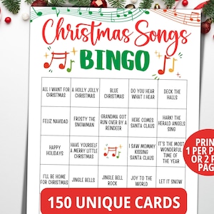 Bingo de villancicos, divertido juego navideño, 150 cartones de bingo con música navideña, juego de villancicos para fiestas navideñas familiares para adultos y niños.