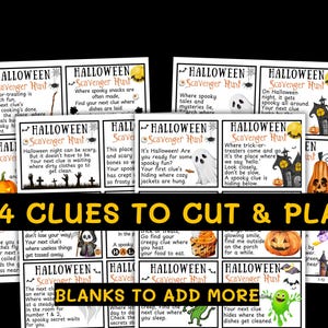 May include: A collection of Halloween Scavenger Hunt clue cards. Each card features spooky illustrations of ghosts, pumpkins, and haunted houses. The text reads "24 Clues to Cut & Play" and "Blanks to Add More."