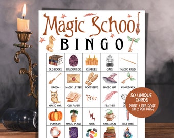 Magic School Bingo, Wizard Party Games, Halloween Party Games, Wizard Birthday Game, Shower Game, 50 Printable Wizard Magic Bingo Cards