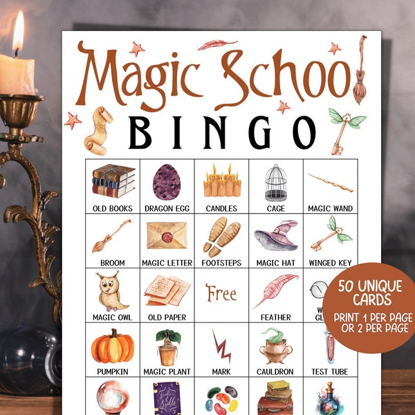 Magic School Bingo, Wizard Party Games, Halloween Party Games, Wizard Birthday Game, Shower Game, 50 Printable Wizard Magic Bingo Cards