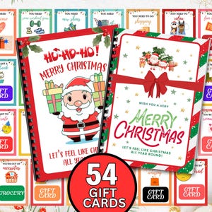 Puede incluir: Un conjunto de 54 tarjetas de regalo navideñas. Las tarjetas presentan diseños festivos, incluyendo a Papá Noel, árboles de Navidad y el texto "Merry Christmas". Las tarjetas están encuadernadas con una espiral roja.