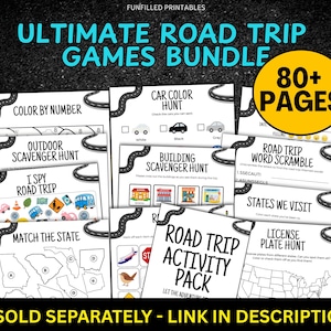 May include: A bundle of printable road trip games with the text "ULTIMATE ROAD TRIP GAMES BUNDLE". Games include "Color by Number", "Outdoor Scavenger Hunt", "I Spy Road Trip", "Match the State", "Car Color Hunt", "Building Scavenger Hunt", "Road Trip Word Scramble", "States We Visit", and "License Plate Hunt".