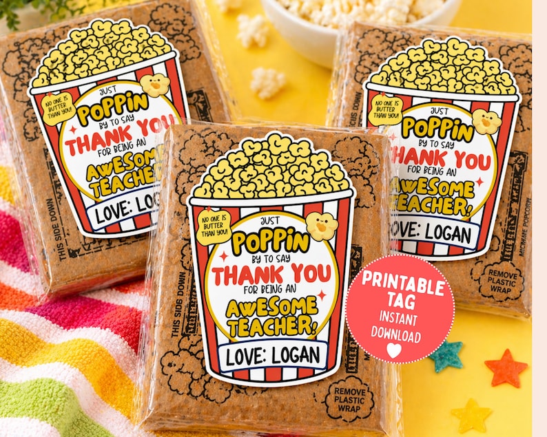 Teacher Popcorn Gift Tag Printable, Just Poppin by to Say Thank You ...