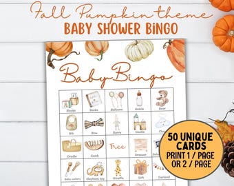 May include: A baby shower bingo game with a fall pumpkin theme. The bingo card features illustrations of baby-related items like a bottle, bear, and bib. The text on the card reads "Baby Bingo" and "50 Unique Cards". Pumpkins and fall leaves decorate the background.