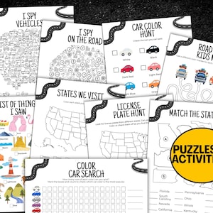 Puede incluir: Una colecci&oacute;n de hojas de actividades imprimibles con tem&aacute;tica de viaje por carretera para ni&ntilde;os. Incluye juegos de "Veo, veo", laberintos, b&uacute;squedas de colores y rompecabezas de emparejamiento de estados. Las p&aacute;ginas presentan ilustraciones de coches, mapas y varios elementos de viaje por carretera, todo en blanco y negro.