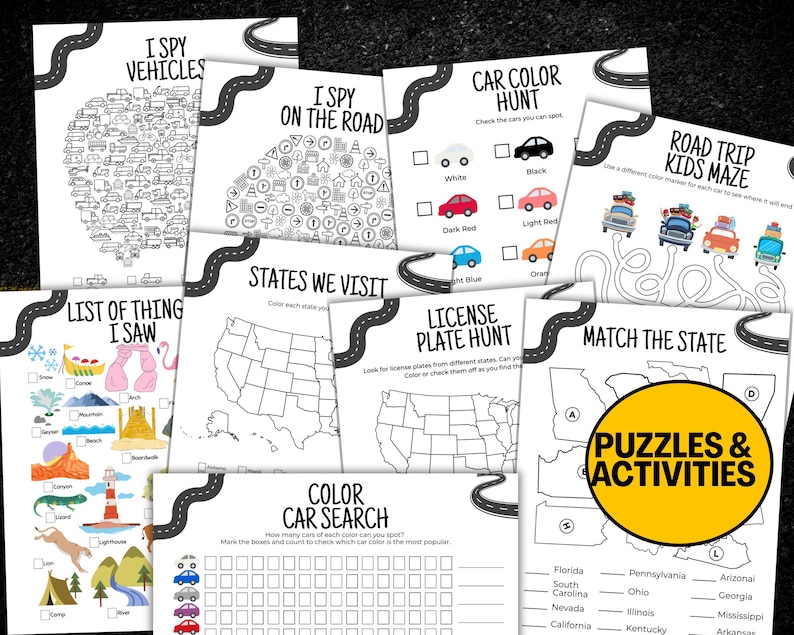 Puede incluir: Una colecci&oacute;n de hojas de actividades imprimibles con tem&aacute;tica de viaje por carretera para ni&ntilde;os. Incluye juegos de "Veo, veo", laberintos, b&uacute;squedas de colores y rompecabezas de emparejamiento de estados. Las p&aacute;ginas presentan ilustraciones de coches, mapas y varios elementos de viaje por carretera, todo en blanco y negro.