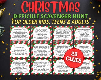 May include: A Christmas-themed scavenger hunt game for older kids, teens, and adults. The game includes 28 clues printed on red and green cards with festive holly berry designs. The title is in red and green.
