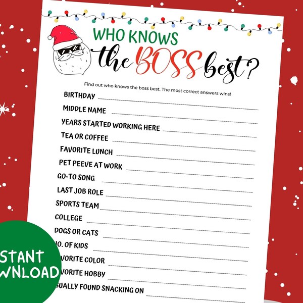 Who Knows The Boss Best Christmas Office Party Game Printable, Fun Christmas Work Party Game Coworker, Office Christmas Party games
