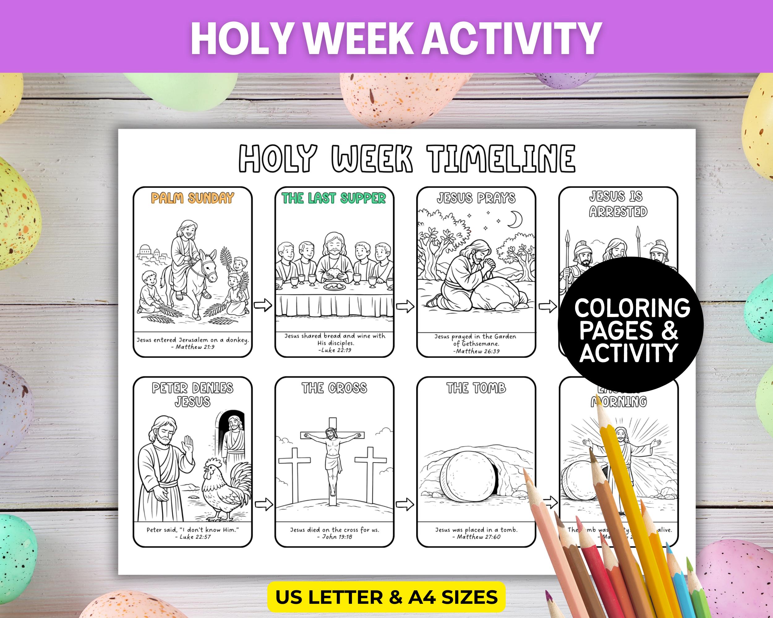Página para colorear con cronología de la Semana Santa: lección sobre ...