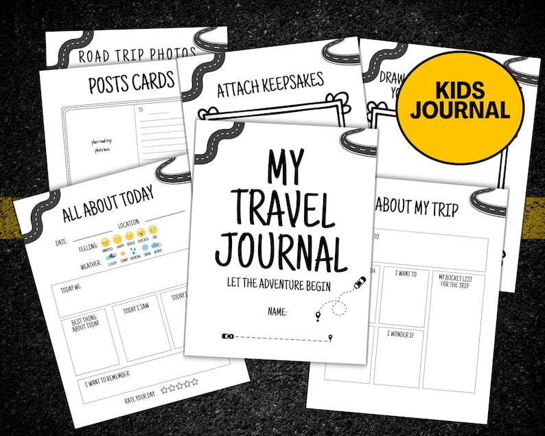 Puede incluir: Un conjunto de p&aacute;ginas de papel blanco con texto negro, dise&ntilde;adas como un diario de viaje para ni&ntilde;os. El diario incluye indicaciones para fotos de viajes, postales y entradas diarias. Un c&iacute;rculo amarillo dice "KIDS JOURNAL".