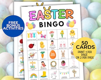 50 Easter Bingo Cards, Easter Game For Kids Easter Party Game, Printable Easter Games, Easter Classroom Activity, Easter Bingo For Kids