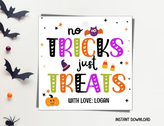 Halloween Favor Tags, Halloween Class Gift Tags, Cute Halloween Goodie Bag Tags, No Tricks Just Treats - Halloween Treats Bag Tag For School
