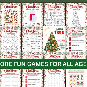 May include: A collection of Christmas-themed game printables. The games include I Spy, Roll a Snowman, Tic Tac Toe, and more. The text "MORE FUN GAMES FOR ALL AGES" is displayed in a green banner. The background is a festive green.
