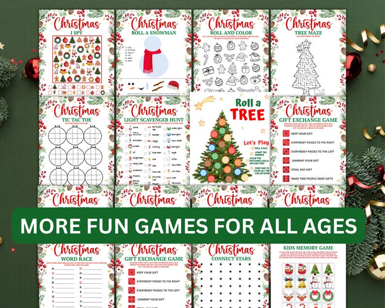 May include: A collection of Christmas-themed game printables. The games include I Spy, Roll a Snowman, Tic Tac Toe, and more. The text "MORE FUN GAMES FOR ALL AGES" is displayed in a green banner. The background is a festive green.