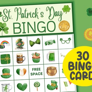Jeu de bingo pour la Saint-Patrick, 30 cartes de bingo pour la Saint-Patrick à imprimer, jeu de bingo en classe pour la Saint-Patrick, jeu de société pour la Saint-Patrick